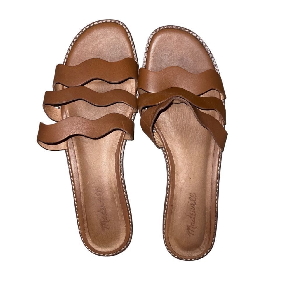 Madewell Brown Wavy Triple-Strap Leather Slide Sandals